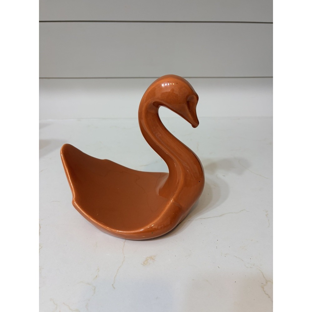 Vintage MidCentury Modern Orange Swan Towel Holder Signed Pottery Ceramic
